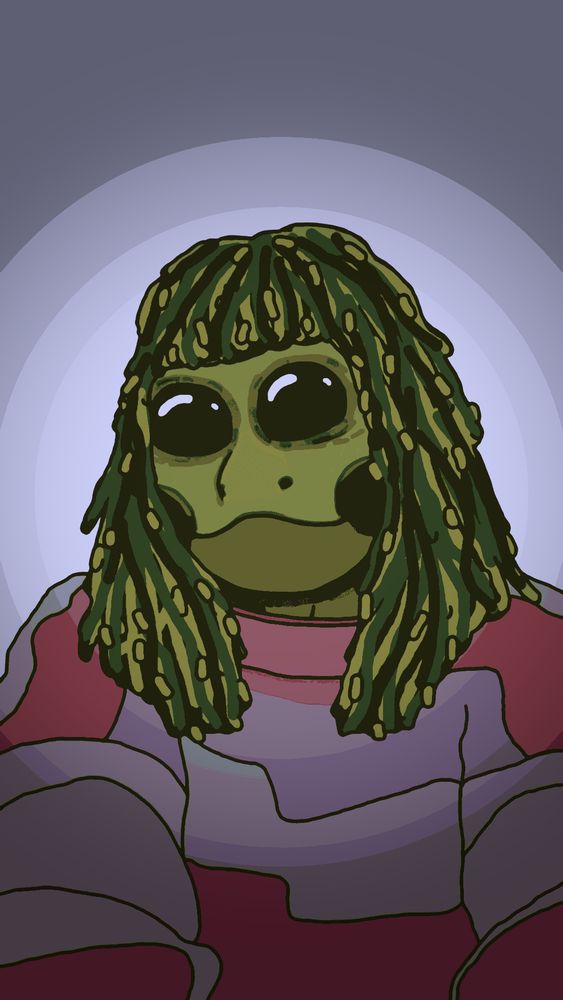Frog woman with seaweed hair wearing a striped sweater.