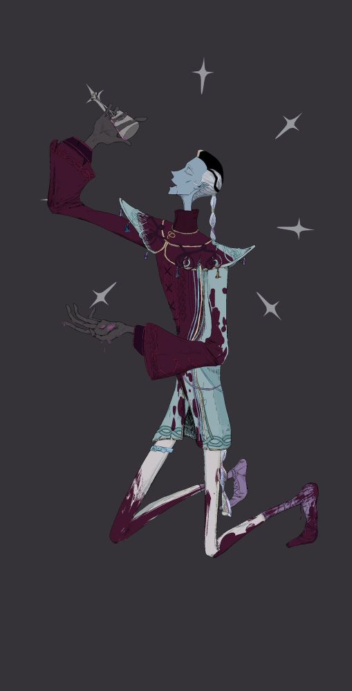 衣装「途切れた縄」は、とある結紐職人の兄弟が生んだ、'縄飾り'であるという捏造設定が前提のおはなしを書きました。

内容は、白黒無常の生前をなぞるかたちで、濡れ衣をきせられた職人兄弟の最期が書かれています。

途切れた縄の衣装テキスト
「紐結び技術の伝承であり、人生の芸術でもある。ただ、その才能が枯れた時、彼らはどこへ向かえば良いのか？」

伝統技工が途絶えるきっかけには、安定した量産を求める産業発達の波が背景にあり、伝承を守る行為は、金にならない正義や美学を貫こうとするだけのもの。職人兄弟の生まれた村でも、美しい伝統と生きていた人々が、よくない世界へ向かってしまいます。

時代の犠牲となった、職人兄弟の思いは、色違いの紐工芸に宿ります。

そして、二人は目指します。どんな願いも叶う虹の街へ。自分たちの人生の美しい瞬間を、永遠のものにできる力を求めて。自分たちの技術や思い、愛や運命が、ずっとずっと途切れぬように。

もし、白黒無常の逸話も、語り継がれることがなくなれば、彼らの貫いた義は無に帰してしまいます。誰もが彼らのことを忘れてしまったら、彼等の再会は、叶わぬものとなってしまうのでは？（再会を望んでいるかわかりませんが）

まさか、そんなことにならないよう、ビックリ傘は、世界を点々と渡り歩き、白い影と黒い影となって、時々、人前に現れてみるのかな？なんて考えながら、書いたり、描いたり、ニヤニヤニヤリしています