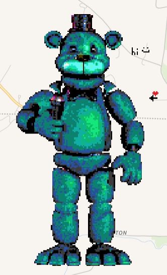 An edited teal-ish green image of Freddy Fazbear with small pearly eyes, drawn in Ohio, in Wplace.