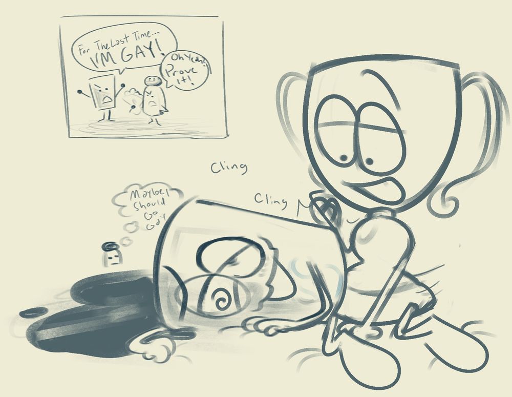 Oj: For the last time... I'm gay!
Salt, holding flowers: Oh yeah? Prove it!

Big shot of Trophy fucking Oj, clinking together and OJ's liquid is pouring out of him as his eyes are dizzy. In the background, Salt thinks "Maybe I should go gay".