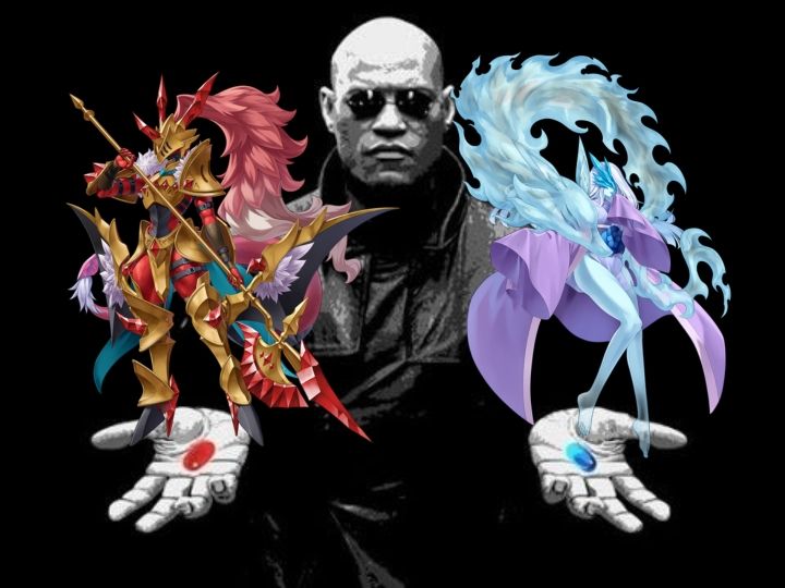 Morpheus from the Matrix presenting two pills. The left is red and the right is blue. The red pill shows the new Alysion Digimon Mega, Rubeusdramon and the blue pills shows the other new Alysion Mega, Yukinamon