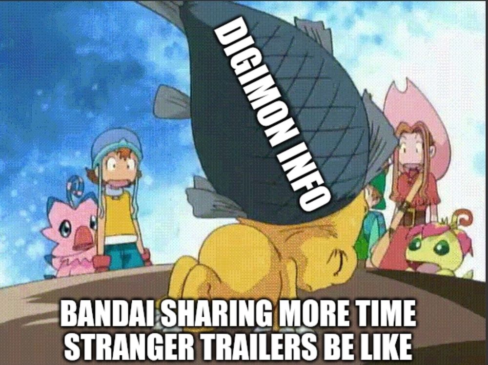 A screenshot from the Digimon Adventure anime. It shows Agumon eating a giant fish and the other characters watching in shock. The text reads, "Bandai sharing more Time Stranger trailers be like" and the fish is labeled "Digimon Info"