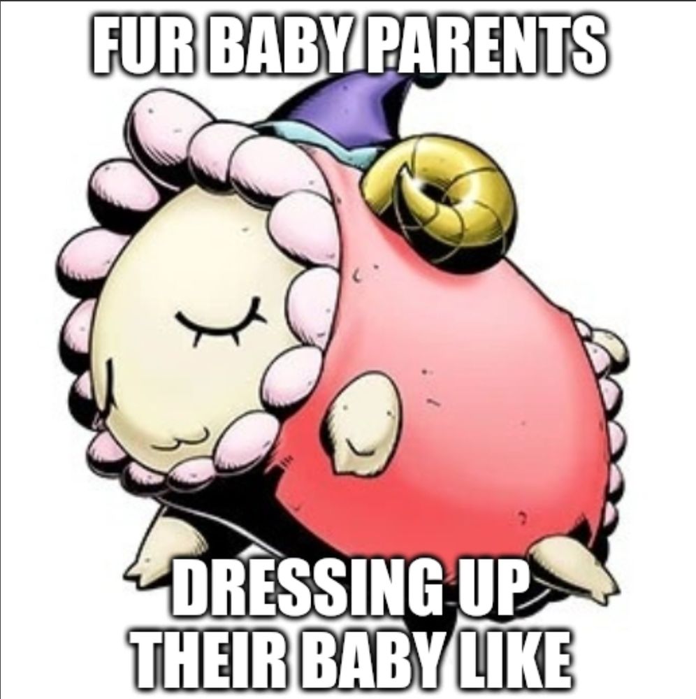 Pillomon from Digimon. The text reads, "Fur baby parents dressing up their baby like"