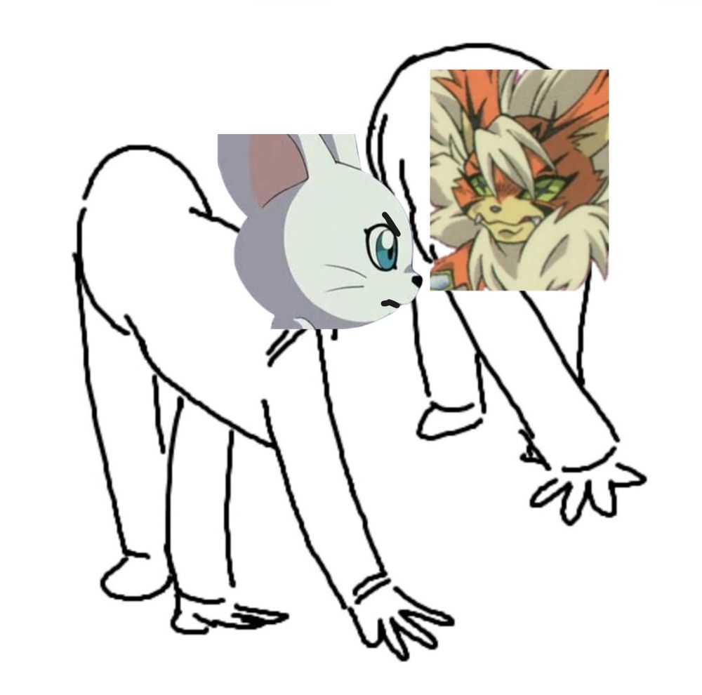 Two human bodies but there's two Digimon edited on to their heads. The first one is Gatomon and the other is Meicoomon. They're circling each other like angry cats with their backs arched