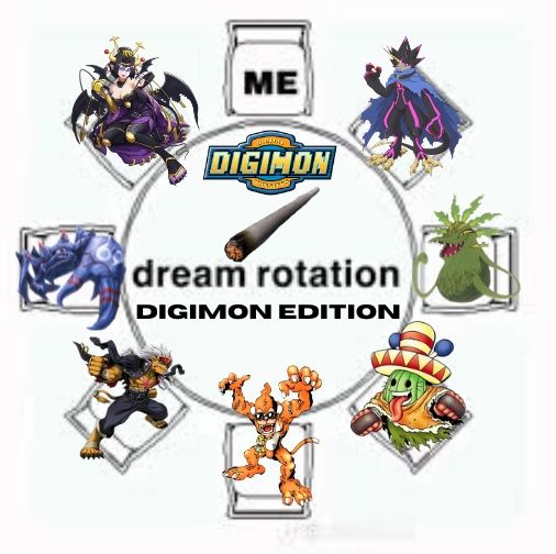 A roundtable with several chairs around it. The top chair says Me and the text reads Dream Rotation Digimon Edition. The rest of the chairs are seating different Digimon

Lilithmon, Crabmon X, BanchoLeomon. Etemon, Panchomon, Weedmon, and GulusGammamon