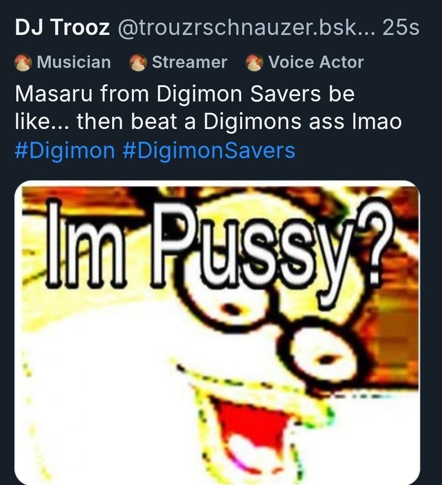 Screenshot of DJ Trooz on Bluesky posting about Digimon Savers protagonist Masaru. It says, "Masaru from Digimon Savers be like... then beat a Digimons ass lmao" and it shows a meme of Bubble Bass from SpongeBob saying "I'm Pussy?"