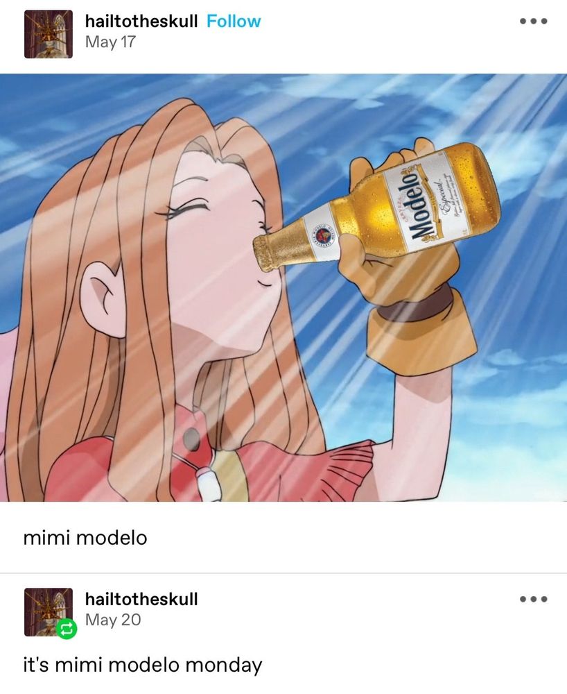 A picture showing Mimi from Digimon Adventure drinking a Modelo. The caption reads, "It's Mimi Modelo Monday"