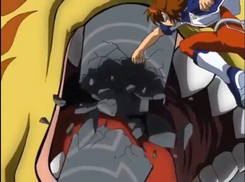 Masaru from Digimon Savers punching SaberLeomons (who's about the size of a three story building) fang, and it shatters in half