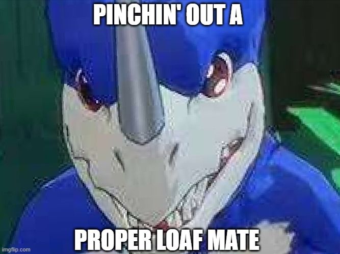 Veedramon from Digimon Story Time Stranger making a very scrungly and teethy grin/grimace. The caption reads, "Pinchin' out a proper loaf mate"