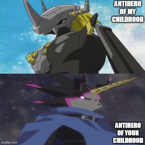 A picture showing Blackwargreymon up top. It says, "Antihero of my childhood"
The picture below is of GulusGammamon. It says, "Antihero of your childhood"