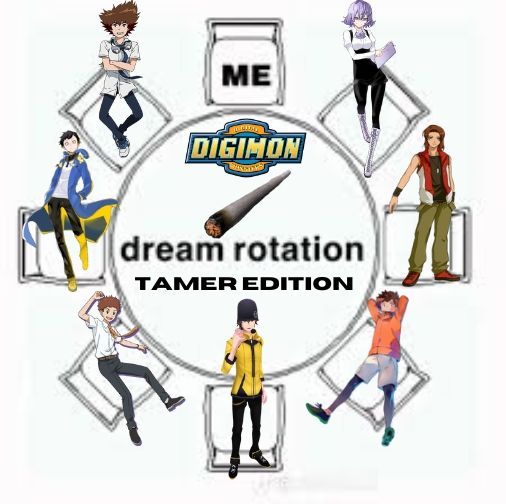 The dream rotation. Digimon Tamer edition. It has several chairs around a roundtable. The top chair says Me. The other characters filling out the chairs are Tamers from the Digimon series
Taichi
Keisuke
Izzy
Mameo
Minoru
Masaru
Mirei