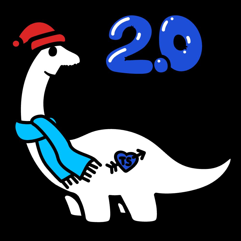 A lovely dino with a red tuque, an azure scarf, and a TS tattoo, celebrating Deno 2.0 with a blue balloon.
