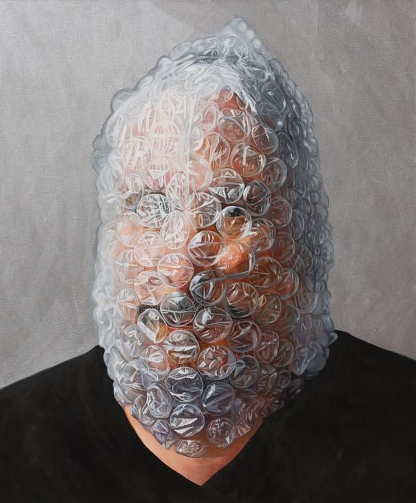 a hyper realistic painting of a man gazing at the viewer beyond a shroud of bubblewrap covering his face