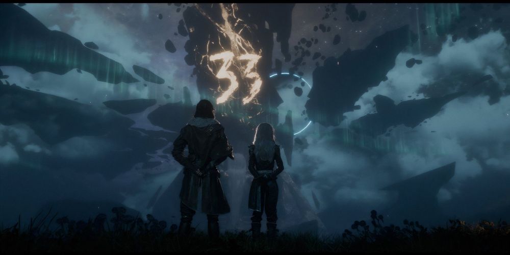 Clair Obscur, deux personnages regardent le monolithe.