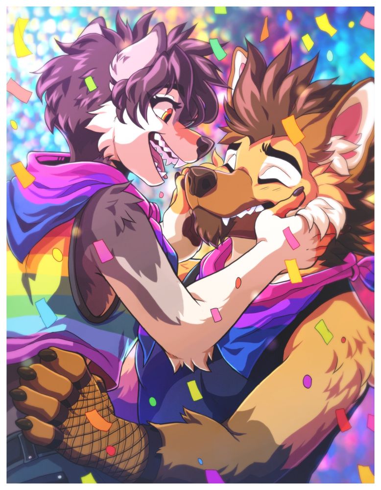 Ben and Sandra during a Pride festival. Ben is holding Sandra up by her waist happily and she excitedly cups his cheeks. They are both wearing clothing that has a mixture of the pride flag + bisexual pride flags. 