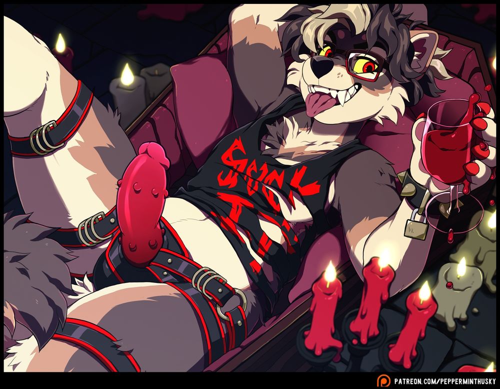 Terry, an anthro shiba inu, as a vampire. He is laying back in a coffin which is on the floor of a dungeon and surrounded by red and white candles. He is smiling in a way that shows off his fangs and inviting you over with a glass of red liquid. On his hips he is wearing a leather harness strap-on  with a red dildo. His tank top is shredded with the words “suck it” written on it in red. 