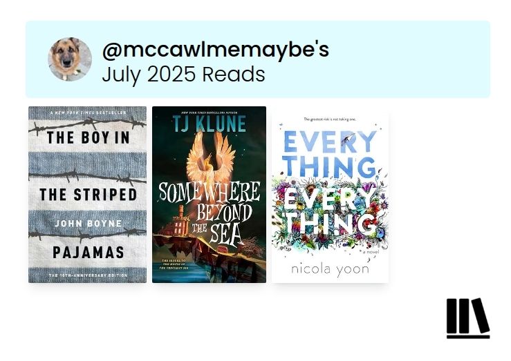 a graphic of user mccawlmemaybe's July 2025 reads. There are three covers shown: The Boy in the Striped Pajamas by John Boyne, Somewhere Beyond the Sea by TJ Klune, and Everything Everything by Nicola Yoon