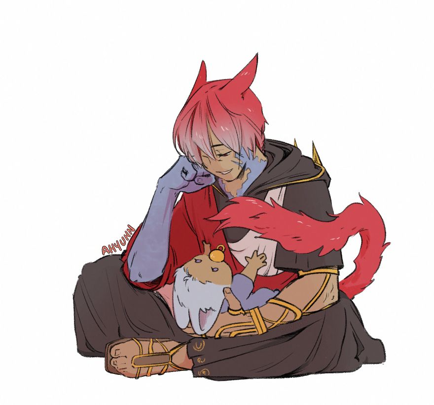 G'raha Tia cradling a baby Lyna in his lap while using his tail to play with her.