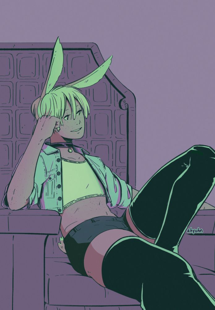 Bunny boy lounging on a large seat with one leg propped up.