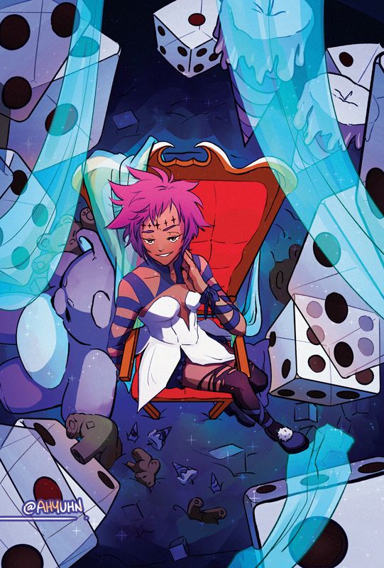 Road Kamelot (D.Gray-man) lounging in a chair, surrounded by large floating dice and candles, stuffed animals and junk below her.