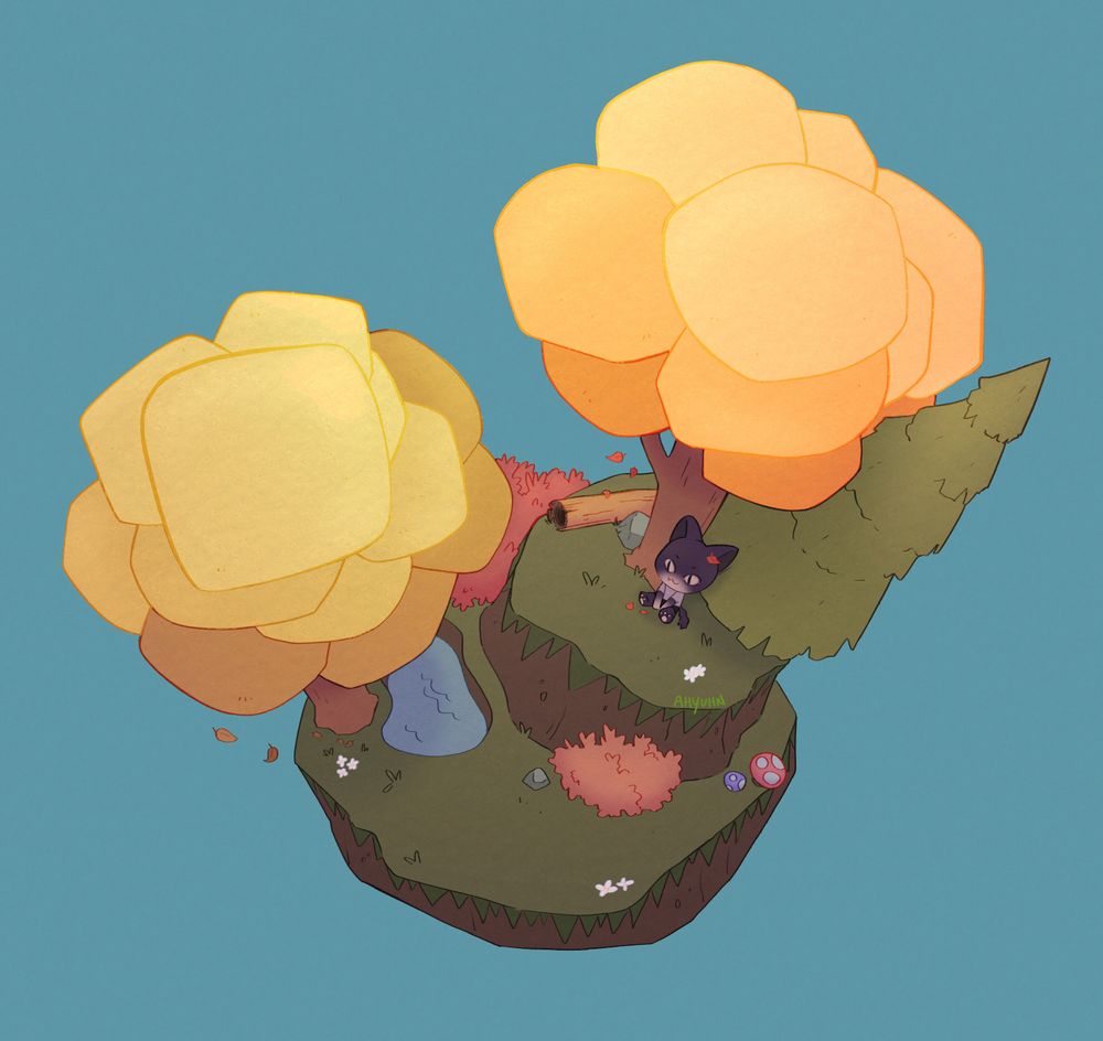 A purple cat sitting against a tree, watching the falling leaves