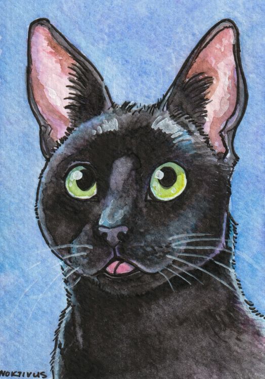 A black cat looking at the viewer with its tongue out. The artwork is done with watercolour paints on cardstock.