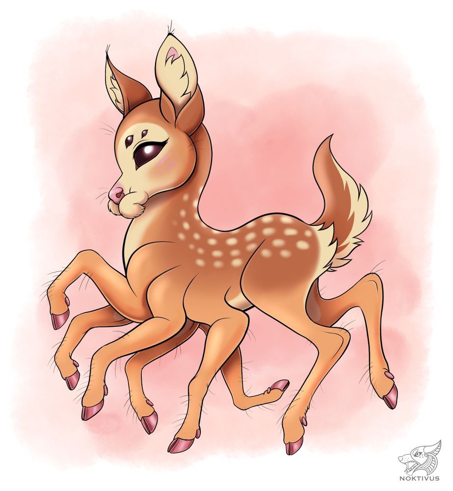 An eight-legged deer with spider eyes. She has a pink background and is looking cutely at the viewer. 