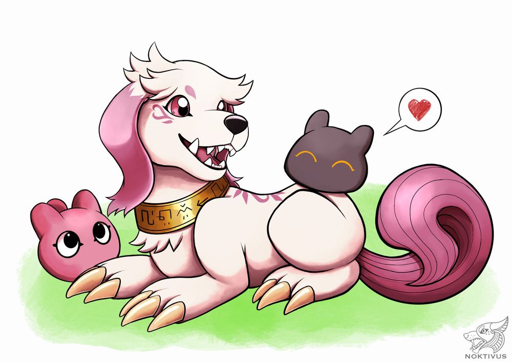 A Labramon, punimon and botamon. The Labramon is laying in a field, seemingly babysitting the baby digimon. 