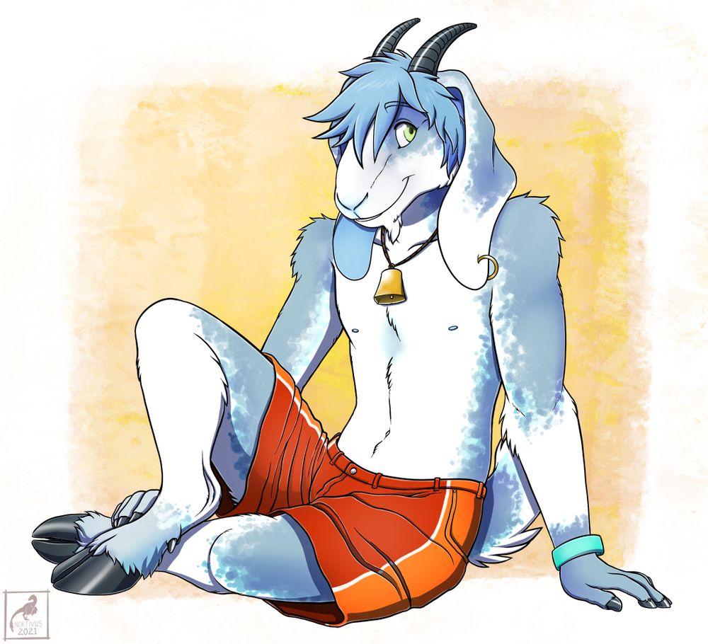 A blue and white male goat in red and orange shorts. He is leaning back on his hand and smiling at the viewer. 