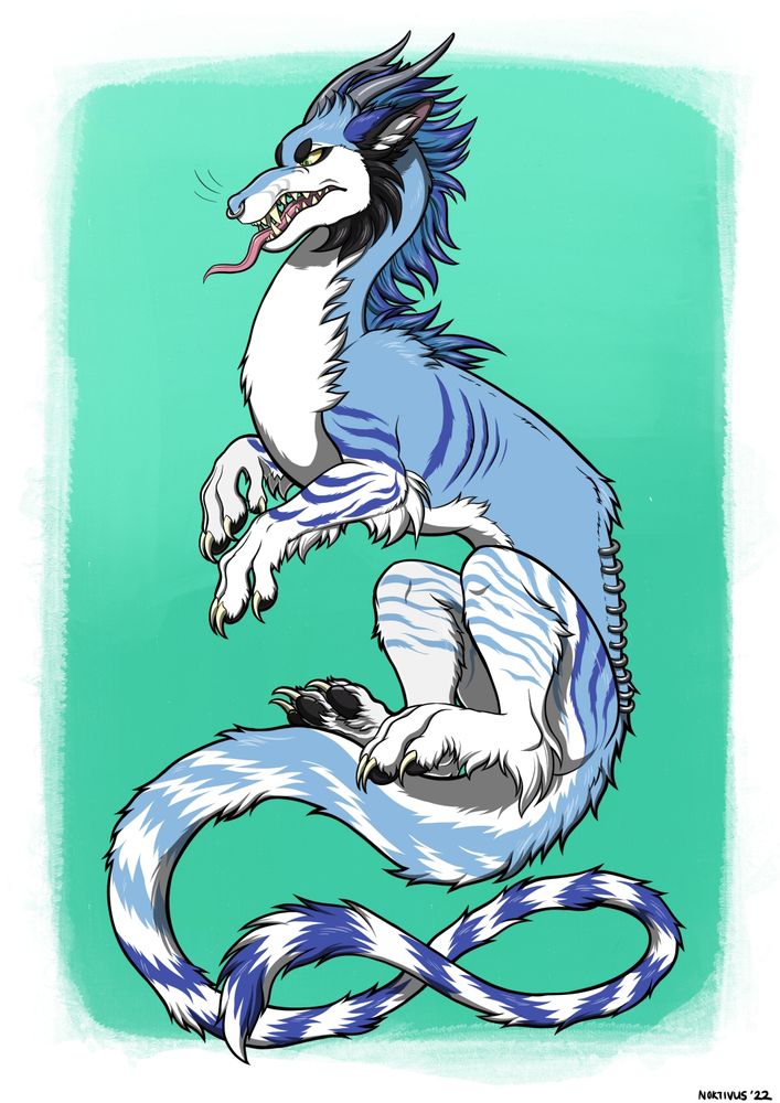 A dragon-wolf hybrid on a teal background. The creature is set vertically, with a long, curled tail. He is sticking his tongue out in a defiant expression. 
