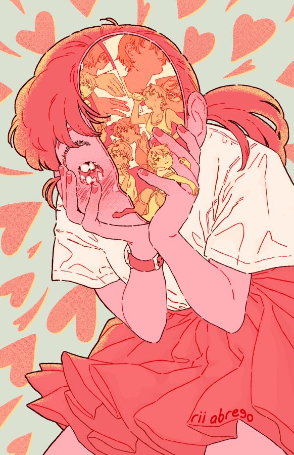 A drawing of a girl, her head filled with romantic thoughts of another girl