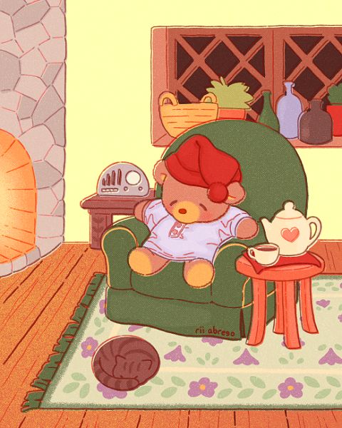 A drawing of a bear in pajamas sleeping in a recliner in front of a fireplace