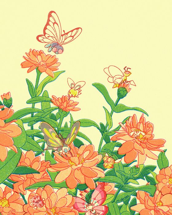 An illustration of pollinator Pokemon among flowers