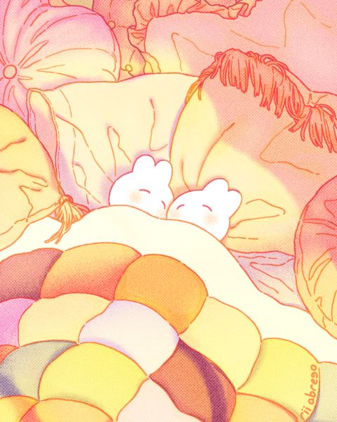 A drawing of two small rabbits under a quilt, nestled against a pile of pillows. Sunlight streams onto them from the window.