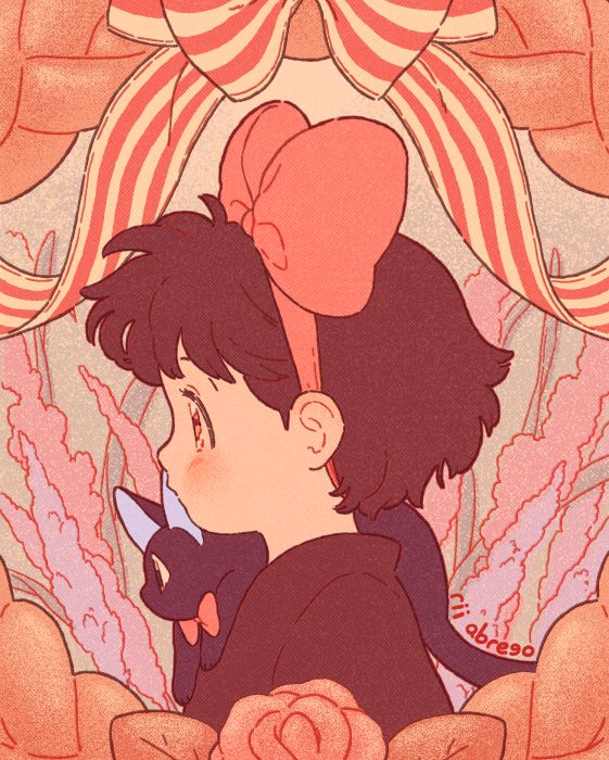 Kiki and Jiji from Kiki's Delivery Service surrounded by the bread wreath from the movie