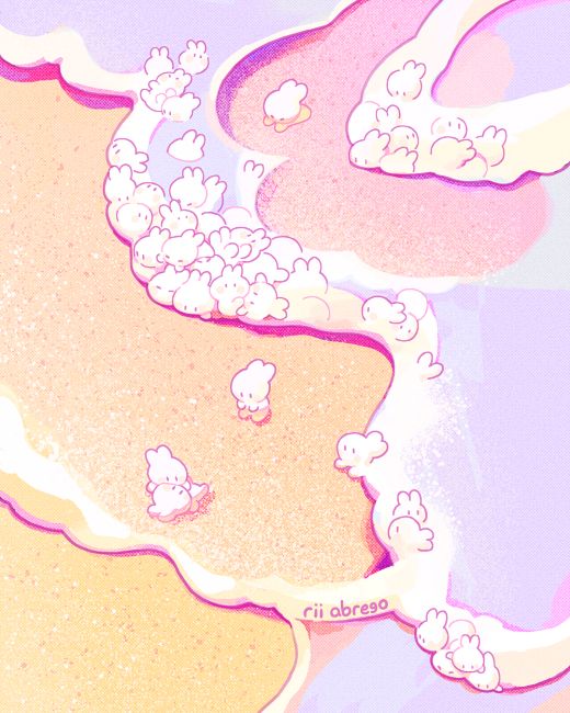 An illustration of seafoam along the shoreline. The foam is tumbling into the shape of tiny bunnies.
