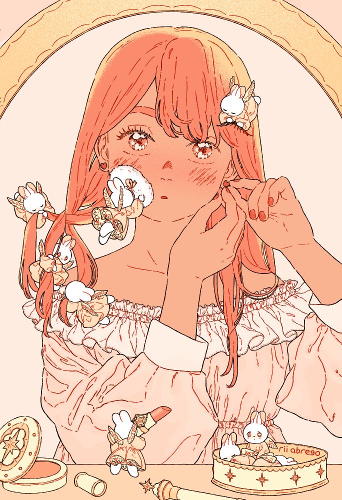 An illustration of a girl preparing in front of a mirror as small winged bunnies help her apply makeup and style her hair