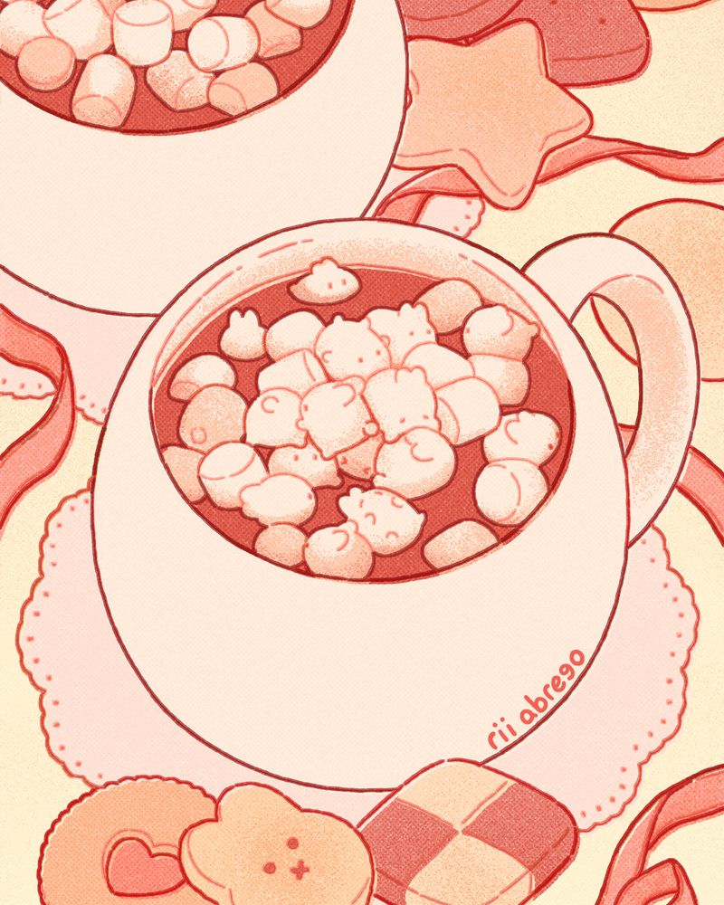 A drawing of hot chocolate topped with marshmallows shaped like bunnies