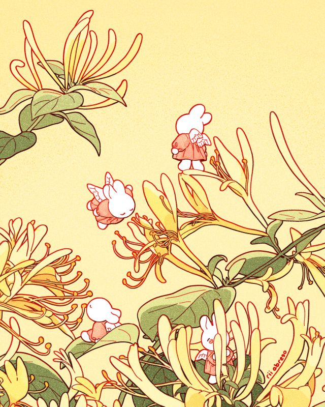 A drawing of tiny winged bunnies among honeysuckle flowers.