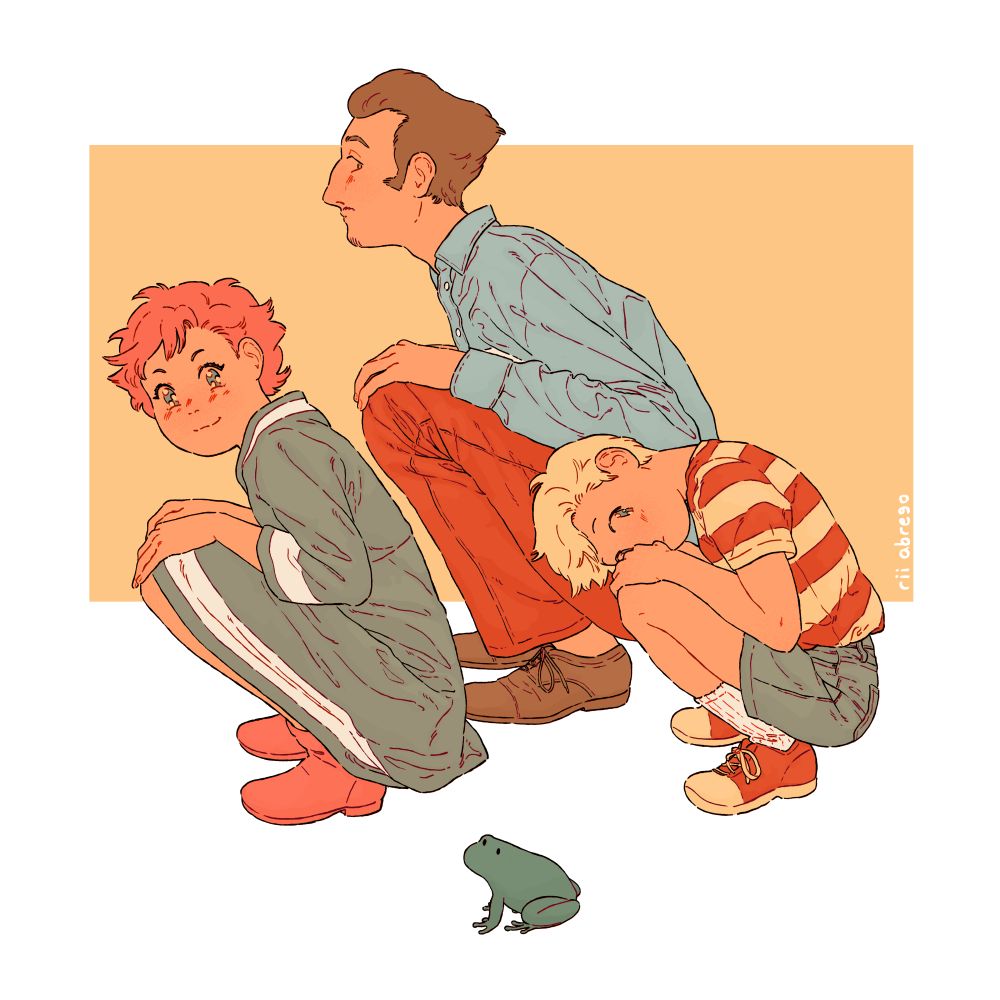 An illustration of characters from the video game Mother 3 crouching behind a frog.