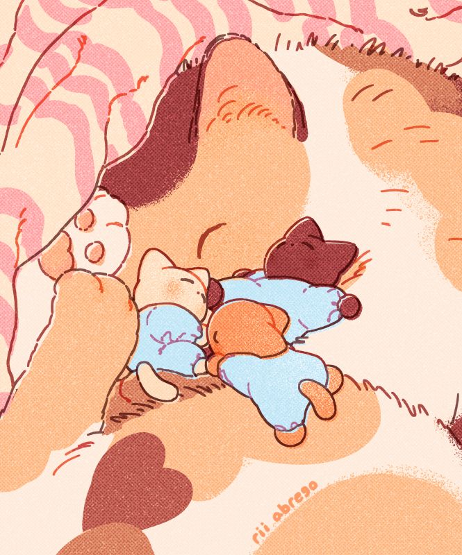 An illustration of a mother cat sleeping with three tiny kittens in pajamas