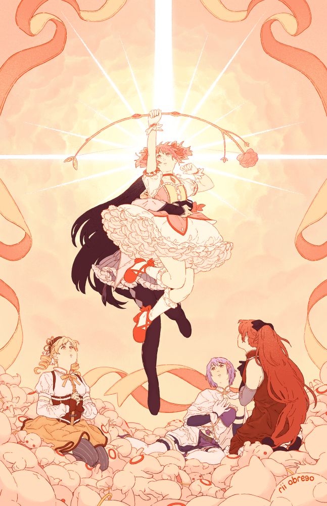 Fan art of the series Puella Magi Madoka Magica. The character Madoka seemingly ascends toward the light as Homura holds on to her. The other girls watch from below.