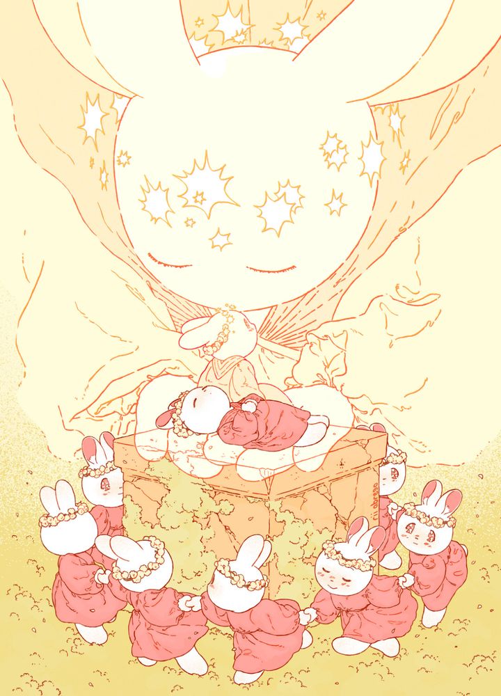 An illustration of several rabbits dancing in a circle around a pedestal. On the pedestal is a single rabbit, lying with eyes closed, as its spirit rises to meet a large celestial figure.