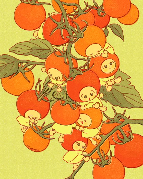 An illustration of cherry tomatoes, some of which are little characters with cherry tomatoes for heads