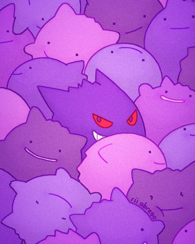 Art of the Pokemon Gengar surrounded by Ditto clones