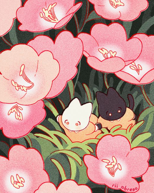 An illustration of two tiny cats running beneath primrose blossoms