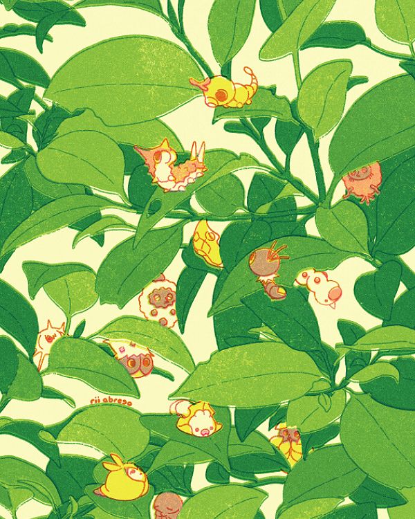 A drawing of bug Pokemon crawling among leaves