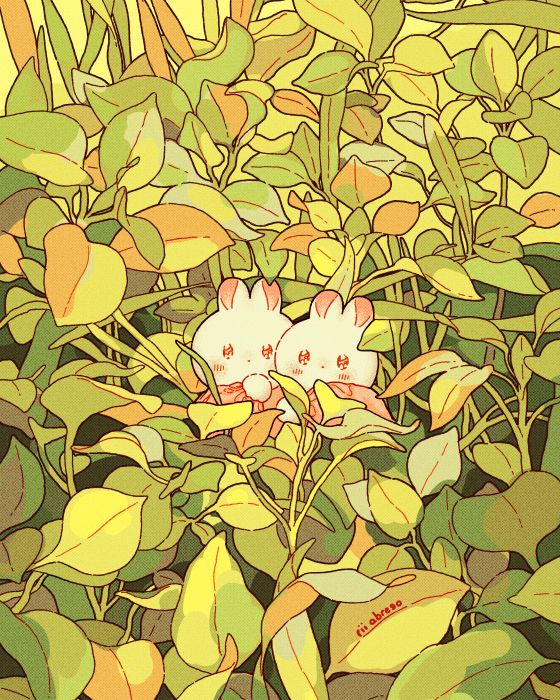 An illustration of two small bunnies huddling within a forest of leaves.