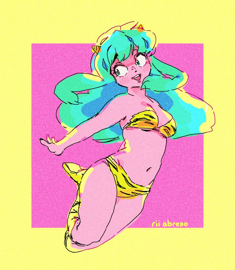 A drawing of the character Lum in a bright neon color palette