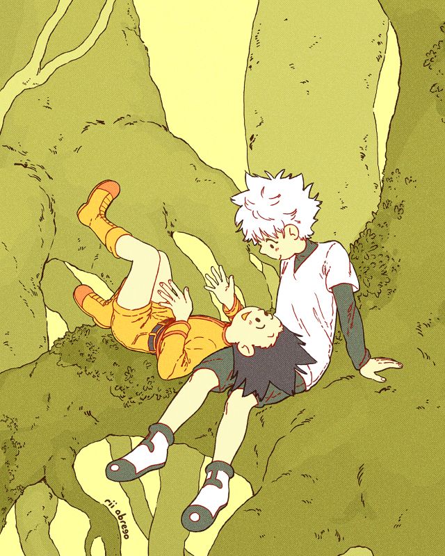 A drawing of Hunter x Hunter characters Gon and Killua chatting in a tree.